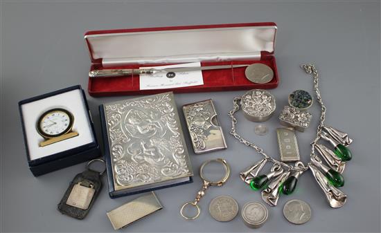 A mixed group of minor silver and other items including silver money clips, modern silver mounted New Testament, pill boxes etc.